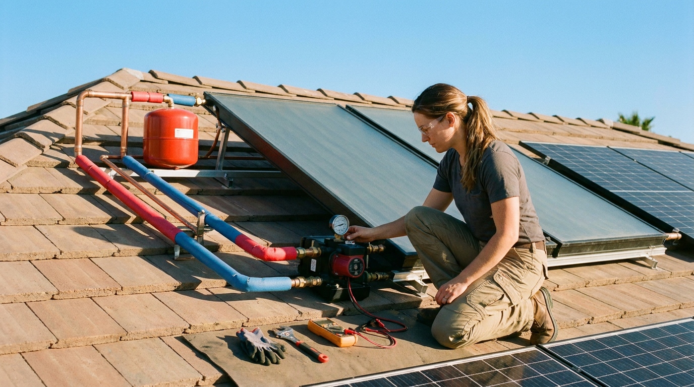 Technician inspecting a closed loop solar water heater on a roof with solar collectors, pump components and pressure gauge